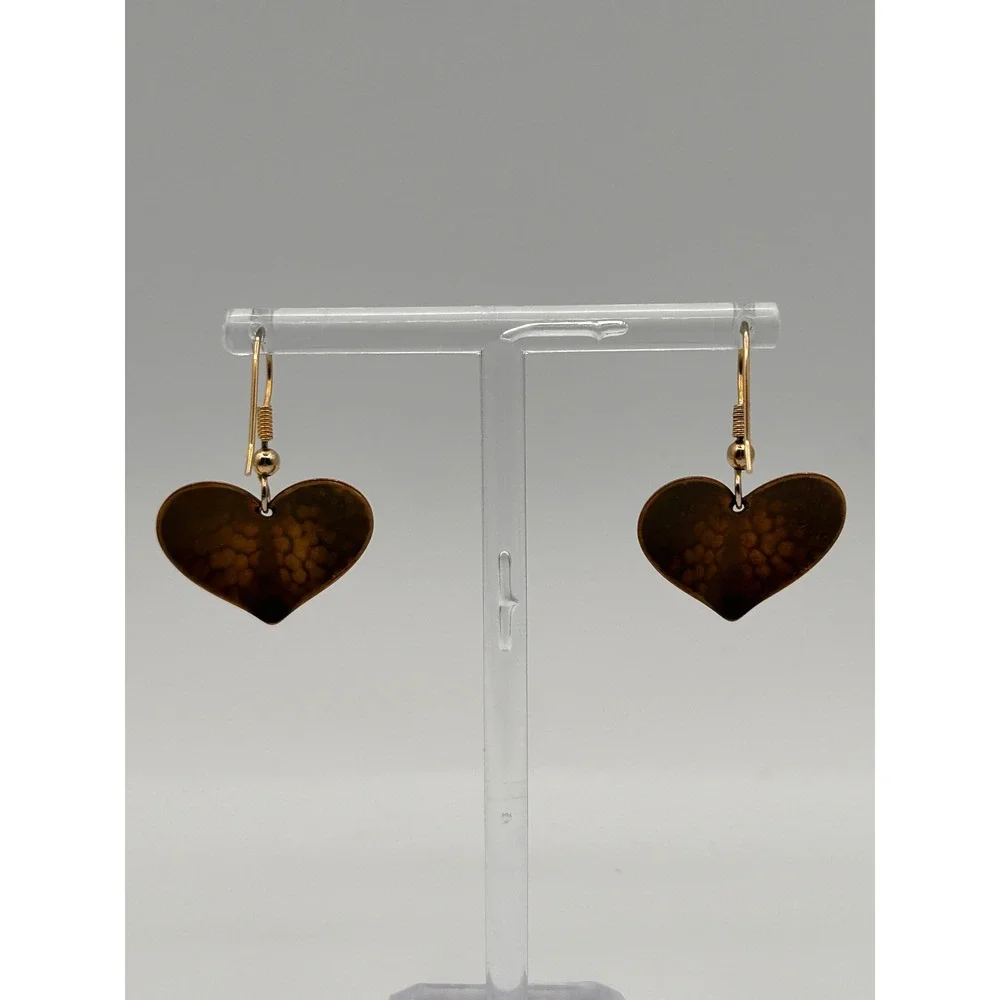 Hammered Copper Heart Drop Earrings Rustic Boho Dangle Gold Tone Hooks